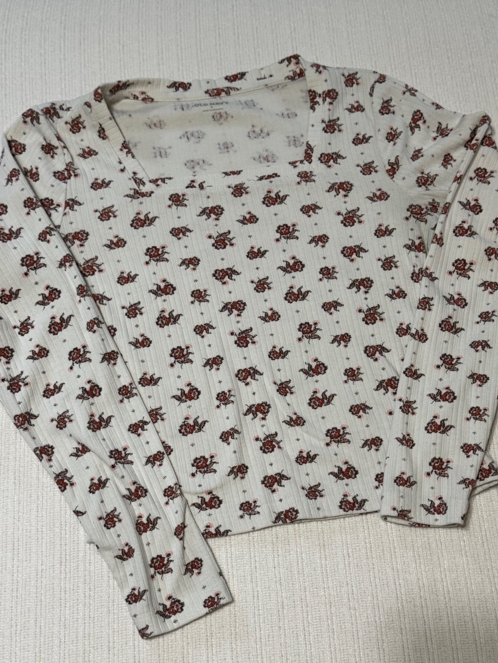 Old Navy Floral Ribbed Long Sleeve Top / Cream Cottagecore Baby Tee / Medium